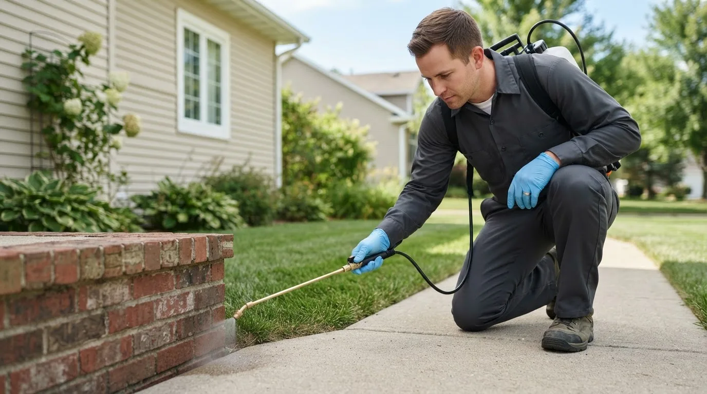 Pest control technician treating a home near Lincolnville, ME